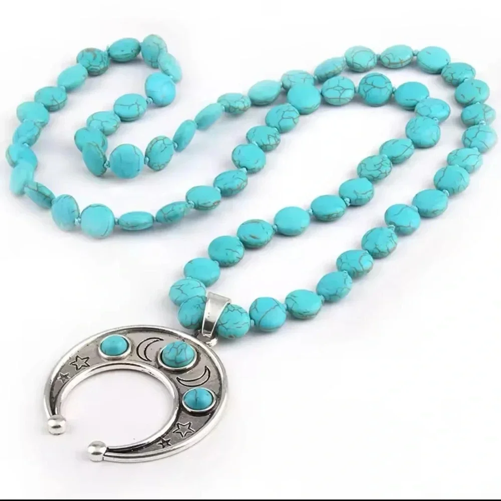 Turquoise Moon Natural Stone Beads Bohemian Western Necklace